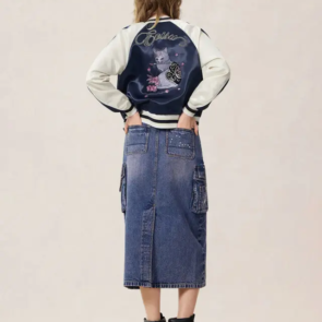Women Jacket Cat Theme Embroidery Souvenir Navy