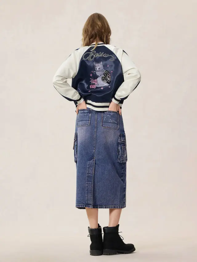 Women Jacket Cat Theme Embroidery Souvenir Navy Size XS